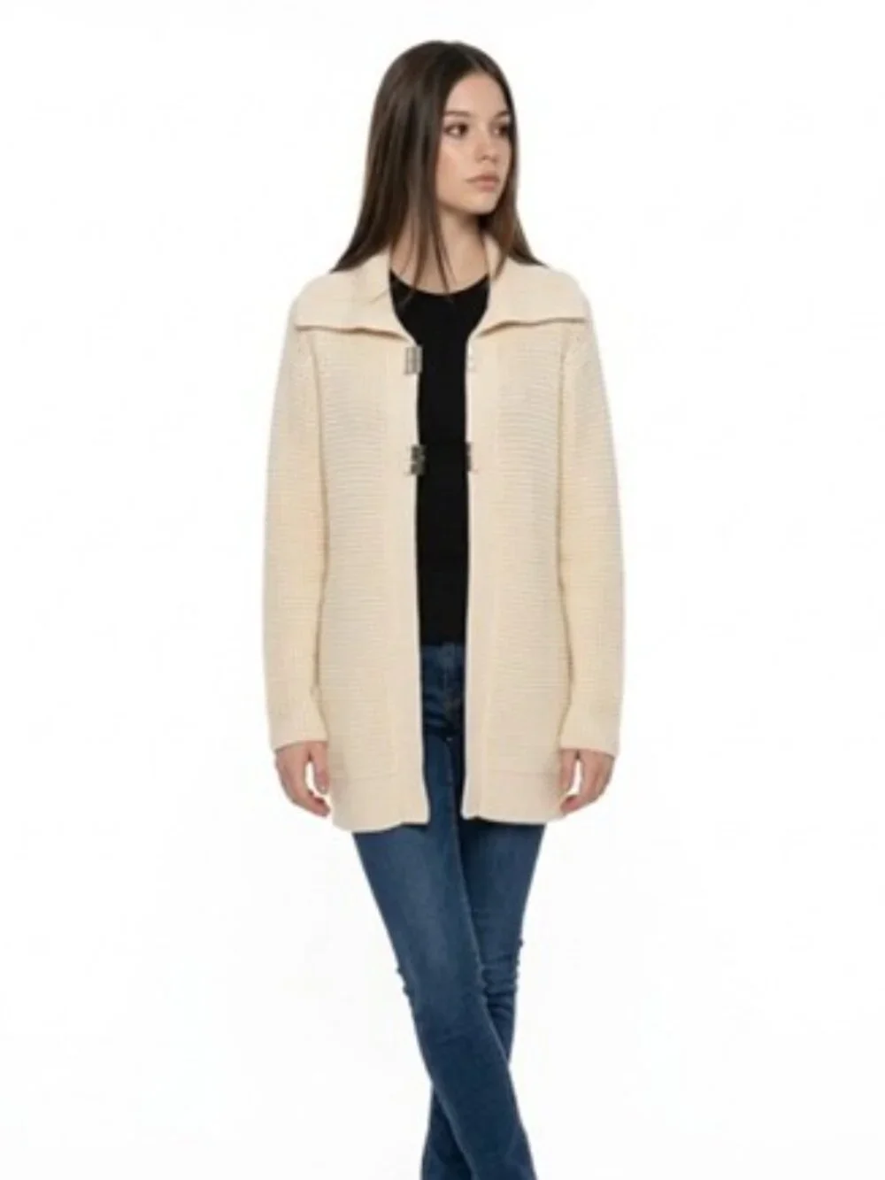 Chico's Long Open-Knit Cream Cardigan with Metal Buckle Closures - Size 1 /US 8 - Picture 2 of 12